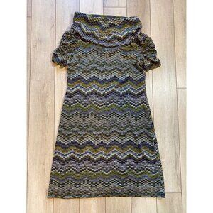 Zig Zag Pattern Cowl Neck Dress Short Sleeve Womens Medium Green Purple Yellow